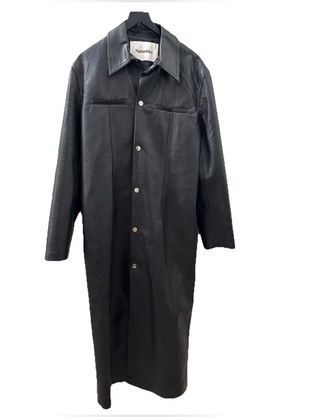 Nanushka Black Faux Leather Trench Coat Jacket L Long Alt-Leather